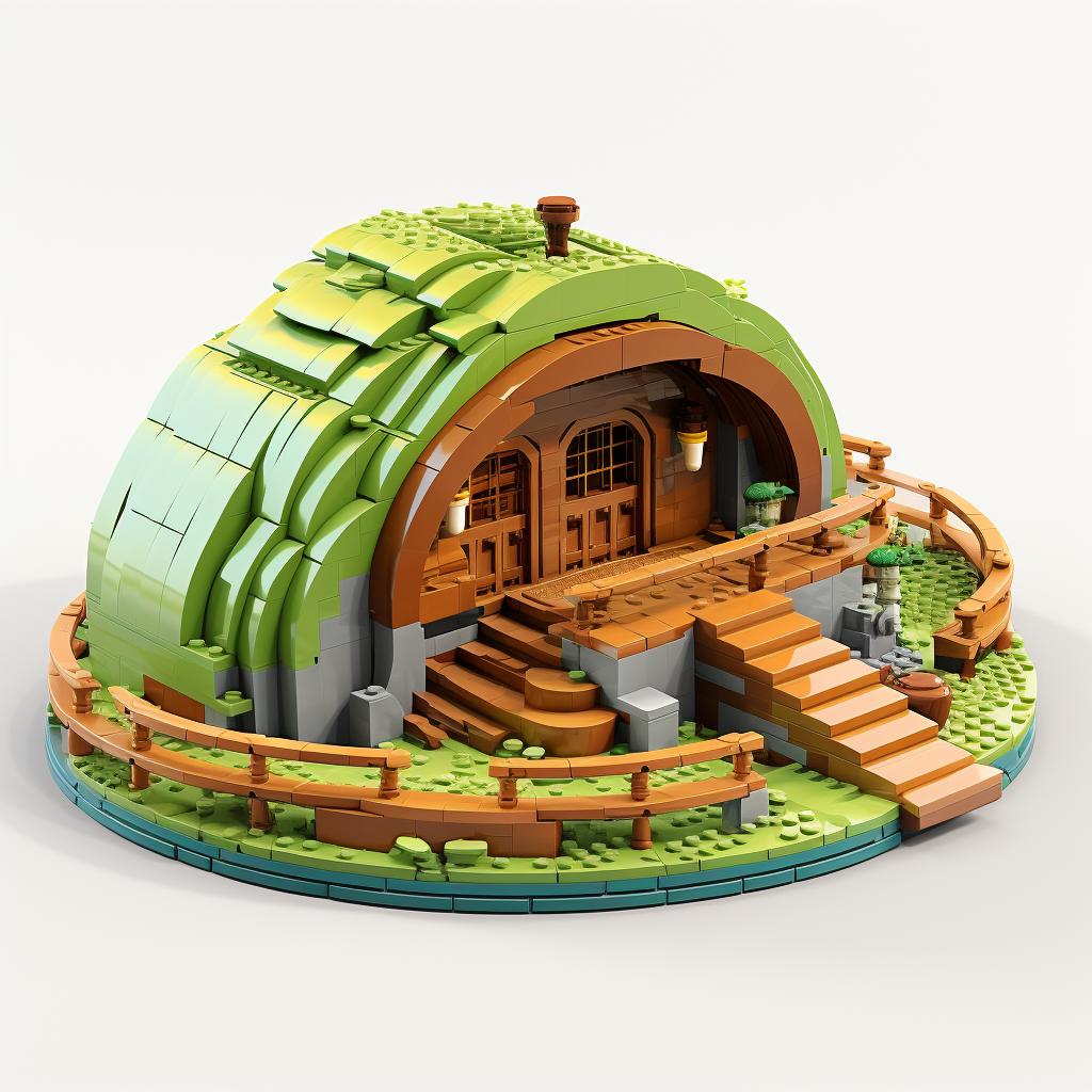 Curved walls of a hobbit home made of Lego bricks being built on the baseplate