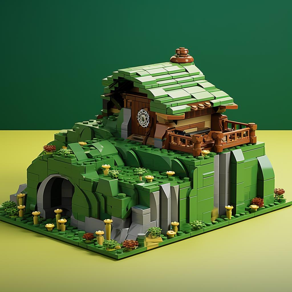 A hill-like Lego roof being added to the hobbit home with green bricks for a grassy effect