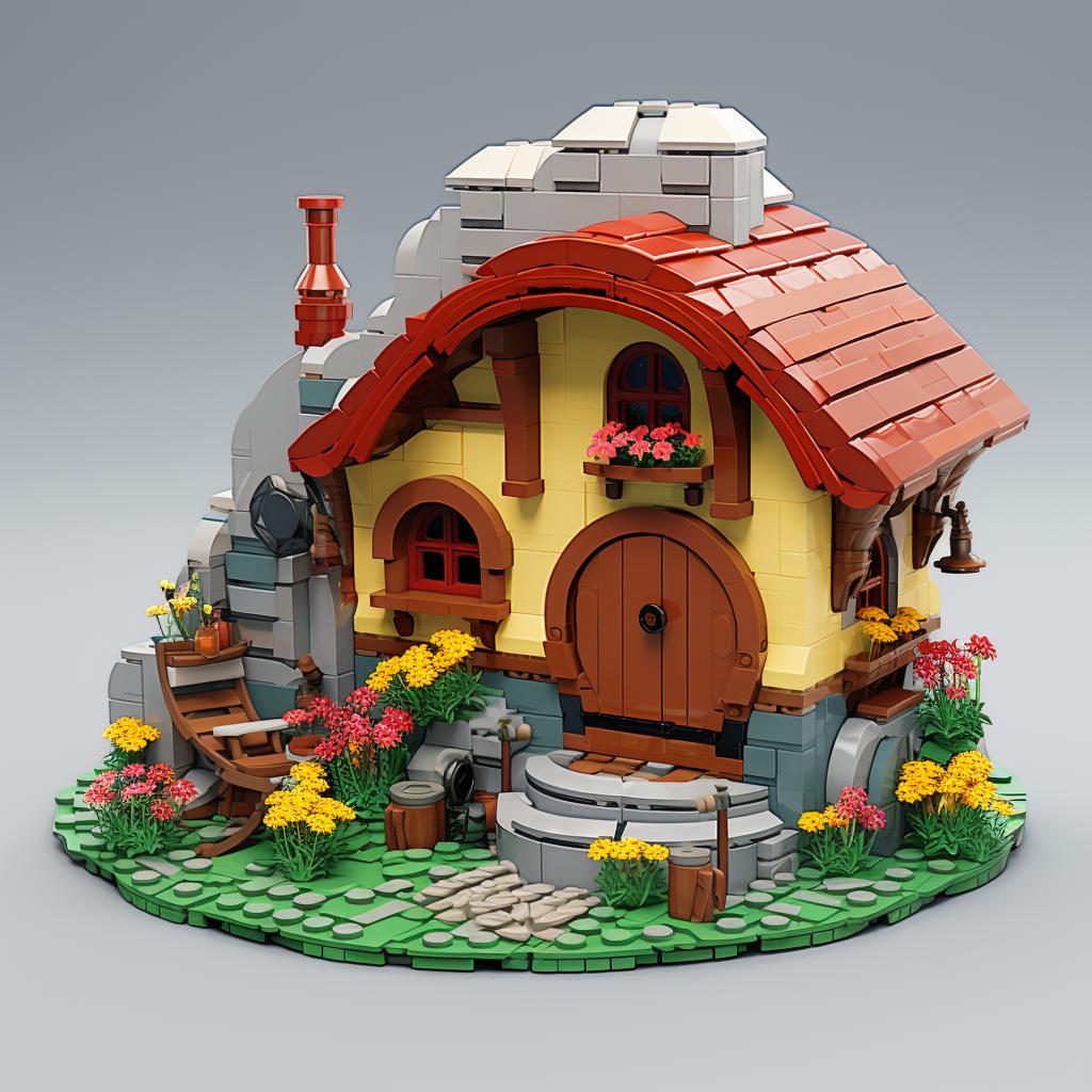 A completed Lego hobbit home with windows, a chimney, and flowers outside the door
