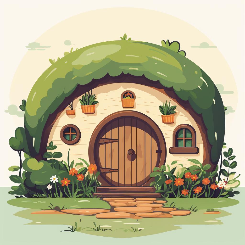 A finished hobbit house with a round door and a beautiful garden