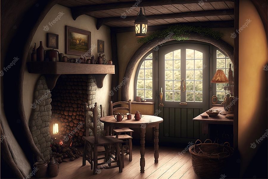 Cozy hobbit house interior with warm fireplace and wooden furniture